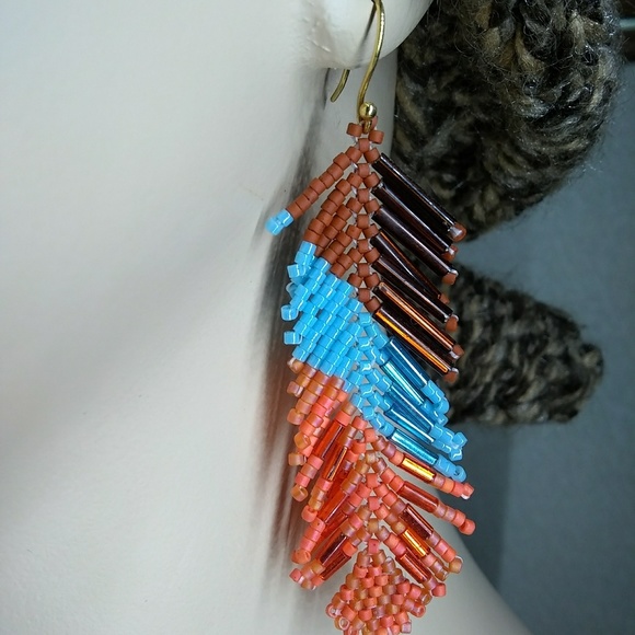 🔥SOLD🔥 at Comanche PowWow🔥Turquoise Brown Feather Earrings - Picture 5 of 8